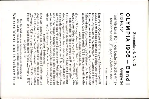 Sammelbild Olympia 1936, Radrennfahrer Toni Merkens