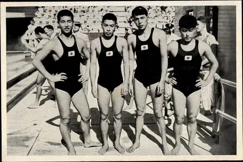 Sammelbild Olympia 1936, Japanische Schwimmstaffel, Miyazaki, Yusa, Toyoda, Yokojama