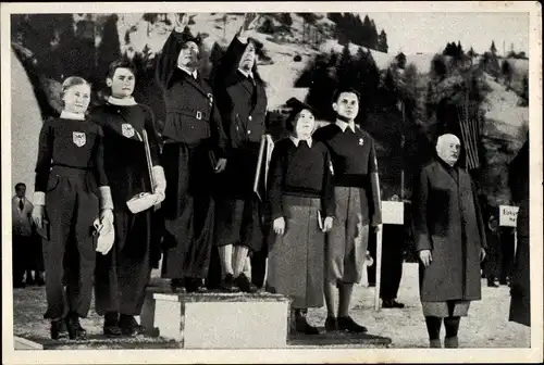 Sammelbild Olympia 1936, Siegerehrung Paarlaufen, Geschwister Pausin, Herber Baier, Rotter Szollas