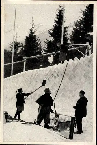 Sammelbild Olympia 1936, Winterspiele, Bau der Bobbahn, Eisquader aus dem Rießersee