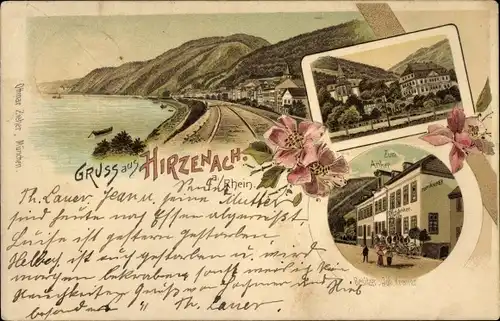 Litho Hirzenach Boppard am Rhein, Hotel zum Anker, Uferpartie