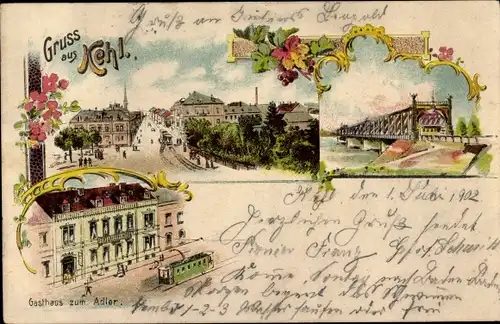 Litho Kehl am Rhein, Rheinbrücke, Straßenpartie, Gasthaus zum Adler