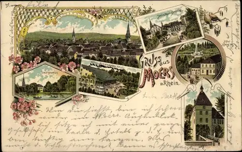 Litho Moers am Niederrhein, Stadtgraben, Steintor Brücke, Hotel, Schloss