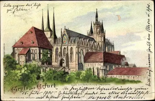 Halt gegen das Licht Litho Erfurt in Thüringen, Dom und Severikirche