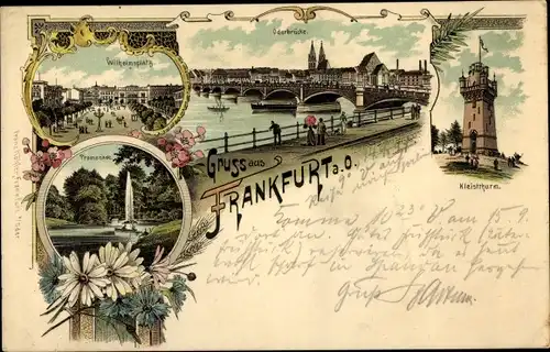 Litho Frankfurt an der Oder, Wilhelmsplatz, Oderbrücke, Kleistturm