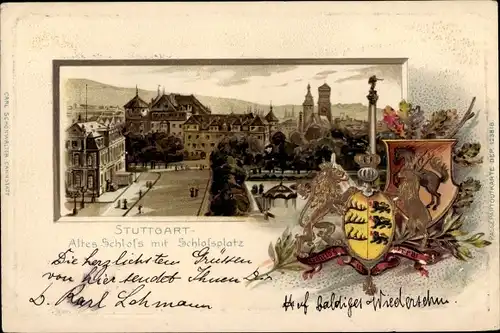 Präge Wappen Passepartout Litho Stuttgart in Württemberg, Altes Schloss, Schlossplatz