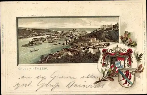 Präge Wappen Passepartout Litho Passau in Niederbayern, Panorama