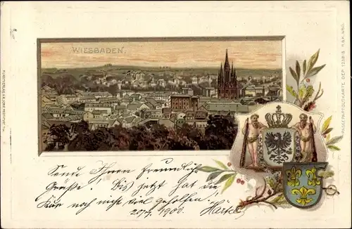 Präge Wappen Passepartout Litho Wiesbaden in Hessen, Gesamtansicht
