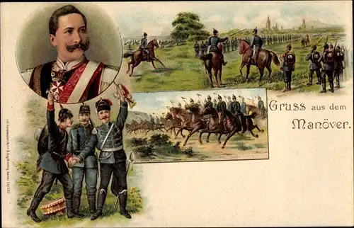 Litho Gruß aus dem Manöver, Kaiser Wilhelm II., Kavallerie