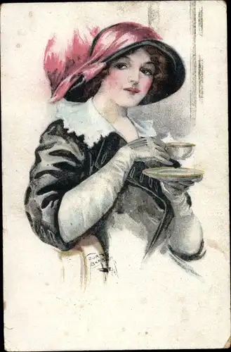 Künstler Ak Portrait einer Frau, Kaffeetasse
