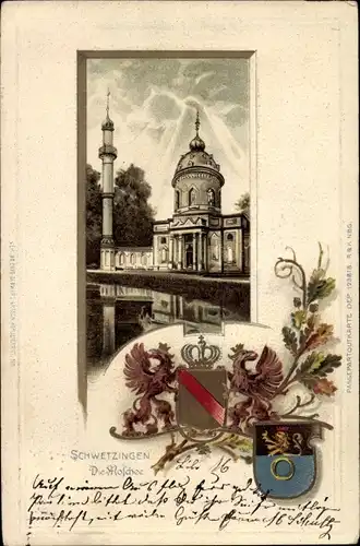 Präge Wappen Passepartout Litho Schwetzingen in Baden, Die Moschee