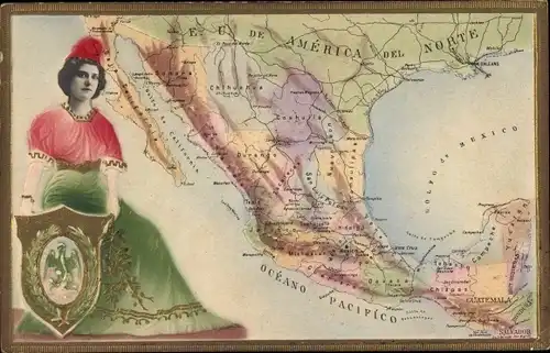 Präge Landkarten Ak Südamerika, Wappen, Frau in Tracht