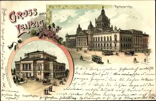 Litho Leipzig in Sachsen, Konzerthaus, Reichsgericht, Straßenbahn