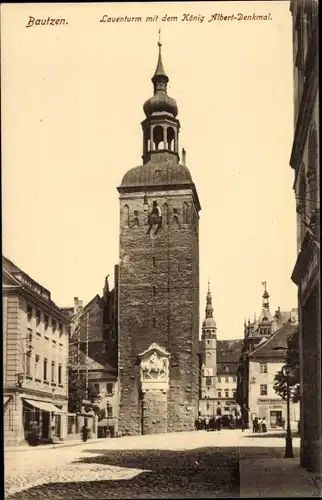 Ak Bautzen in der Lausitz, Lauenturm mit dem König Albert Denkmal