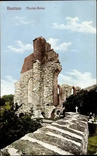 Ak Bautzen in der Lausitz, Ansicht der Nicolai Ruine, Kreuz