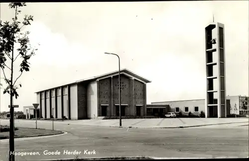 Ak Hoogeveen Drenthe Niederlande, Goede Herder Kerk, Glockenturm