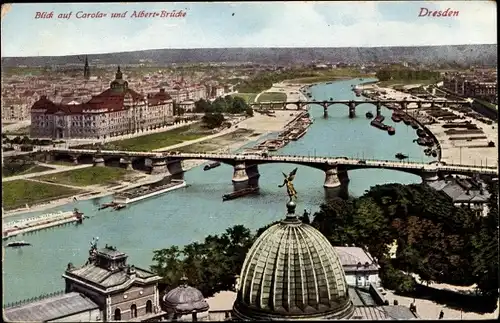 Ak Dresden Altstadt, Panorama zur Neustadt, Carolabrücke, Albert-Brücke