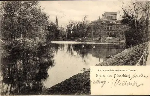 Ak Düsseldorf am Rhein, Partie aus dem Hofgarten und Theater