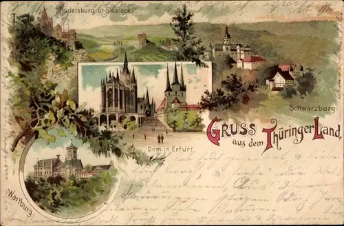 Litho Thüringer Land, Schwarzburg, Bad Kösen Naumburg Rudelsburg u. Saaleck, Erfurter Dom, Wartburg