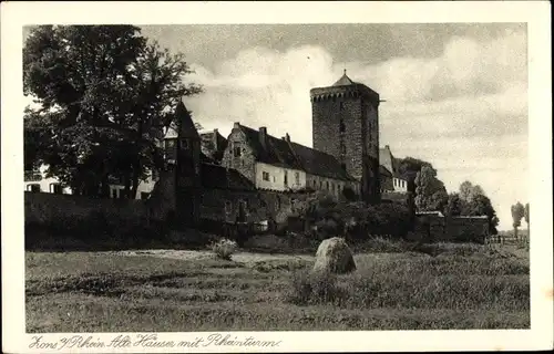 Ak Zons Dormagen Niederrhein, Alte Häuser mit Rheinturm