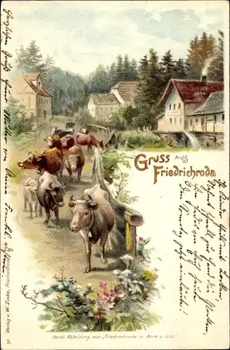 Litho Friedrichroda in Thüringen, Teilansicht, Kühe, Viehtrieb