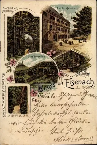 Litho Lutherstadt Eisenach in Thüringen, Hohe Sonne, Landgrafen-Haus, Fritz Reuter Villa