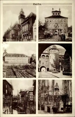 Ak Zeitz im Burgenlandkreis, Rathaus, Schloss Moritzburg, Partie an der Mühle