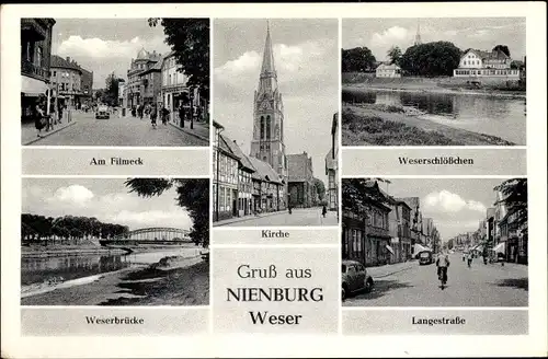 Ak Nienburg an der Weser, Am Filmeck, Kirche, Weserschlößchen, Langestraße, Weserbrücke