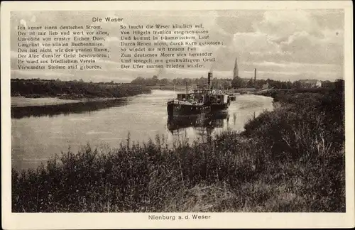 Ak Nienburg an der Weser, Gedicht, Weserpartie, Dampfschiff