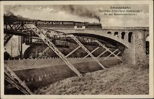 Ak Elberfeld Wuppertal, Sonnborner Brücke, Schwebebahn, Eisenbahn, Straßenbahn