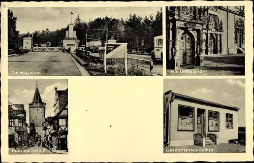 Ak Helmstedt in Niedersachsen, Zonengrenze, alte Universität, Geschäft Buchta, Hausmannsturm