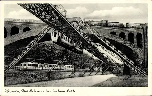 Ak Elberfeld Wuppertal, Sonnborner Brücke, Schwebebahn, Eisenbahn, Straßenbahn