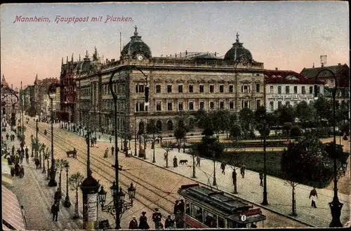 Ak Mannheim, Hauptpost mit Planken, Straßenbahn