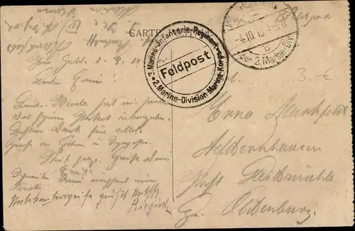 Dt. Feldpost, Truppenstempel, 3. Marine Inf. Regt., 2. Marine Division Marine Korps, I WK