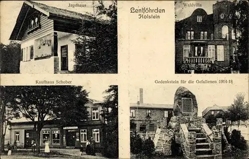 Ak Lentföhrden in Holstein, Kaufhaus Schober, Waldvilla, Jagdhaus, Gedenkstein