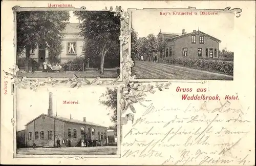 Ak Weddelbrook in Holstein, Herrenhaus, Kay's Krämerei und Bäckerei, Meierei