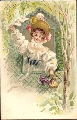 Litho Portrait einer winkenden Frau am Fenster