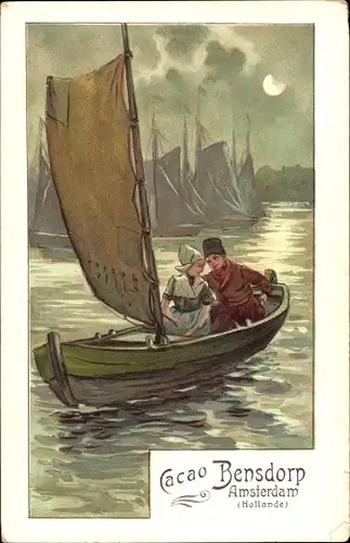 Ak Cacao Bensdorp Amsterdam, Segelboot, Niederländisches Paar, Reklame