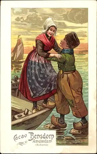 Ak Cacao Bensdorp Amsterdam, Liebespaar, Ruderboot, Segelboot, Niederländische Tracht, Reklame