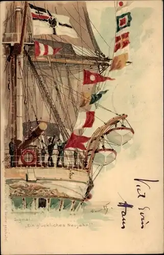 Künstler Litho Bohrdt, Hans, Glückwunsch Neujahr, Deutsches Kriegsschiff, Signal