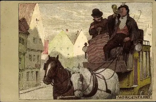 Künstler Litho Hey, P., Morgenfahrt, Postkutsche, Posthorn