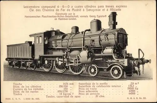 Ak Spanische Eisenbahn, Chemins de Fer de Madrid a Saragosse et a Alicante, Dampflok Nr. 874