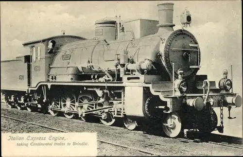 Ak Italienische Eisenbahn, Italian Express Engine taking Continental trains to Brindisi, Dampflok
