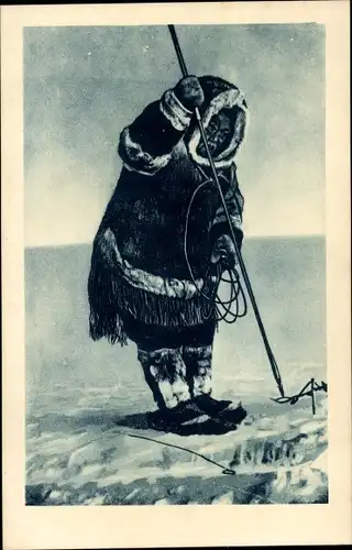 Ak Missions des Oblats de Marie Immaculée, Esquimaux, Muni de son harpon, Eskimo, Harpune