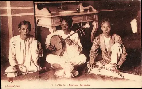 Ak Saigon Cochinchine Vietnam, Musiciens annamites, Vietnamesen, Musikinstrumente