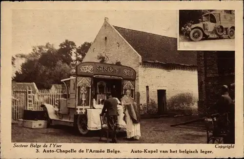 Ak Auto Chapelle de l'Armee Belge, messe celebree dans l'auto chapelle offerte a la reine Elisabeth