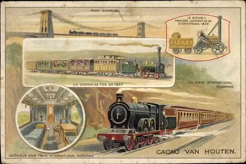 Litho Reklame, Cacao Van Houten, Chemin de Fer en 1837, le Rocket, Train International Moderne