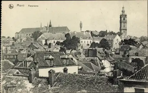 Ak Mons Hennegau, Blick über die Dächer der Stadt mit Kirchturm
