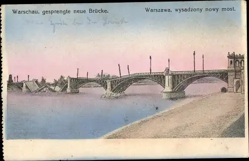 Ak Warszawa Warschau Polen, gesprengte neue Brücke