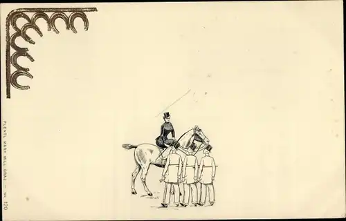 Präge Ak Hufeisen, Frau im Damensattel auf einem Pferd, Männer